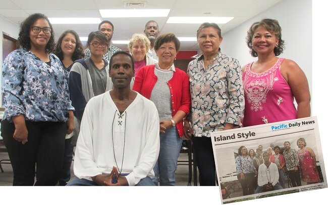 Author and instructor Walt F.J. Goodridge, and several of the attendees of Guam's First Writers Workshop: l.to r. Fadila K., Marie L., Sophie N., Tyrone B., Dianne S., Christopher A., Jeni Ann F., Kim B. and Dr.Sam M. (Not shown: Rlene S. and Louise.) [inset: Photo appears in the July 31 edition of Pacific Daily News' "Island Style" section a few days later!] Learn more at : https://guamwriters.com/